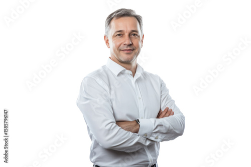 Full length business portrait of confident businessman. Entrepreneur in white shirt, Serious mid adult, mature age man standing, isolated on white background.