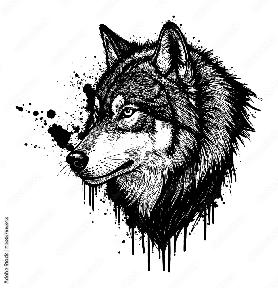 Fototapeta premium Surreal Abstract Wolf Head with Deep Solid Black Paint Drip Splat Messy Style Black and White Outline Line Art Drawing