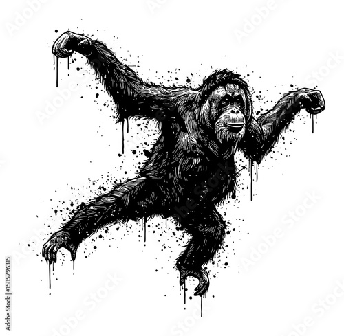 Dynamic Orangutan Jumping Drip Splatter Abstract Surreal Paint Messy Deep Solid Black White Outline Line Art Drawing