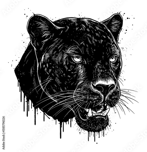 Aggressive Panther Head Drip and Splat Abstract Surreal Paint Messy Solid Black White Outline Line Art Drawing