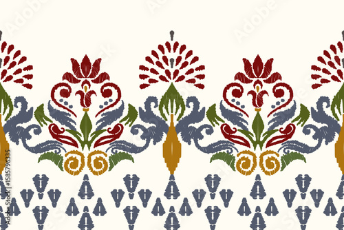 Embroidery of paisley flowers Ikat on a light yellow background. Traditional Ikat tribal pattern. Aztec abstract vector illustration. Seamless pattern in tribal, folk embroidery and Mexican style.