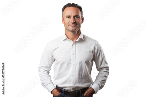 Full length business portrait of confident businessman. Entrepreneur in white shirt, Serious mid adult, mature age man standing, isolated on white background.