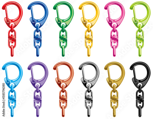 シンプルでカラフルなナスカンのキーチェーン用素材パーツベクターイラストセット(Colorful and Simple Lobster Clasp Keychain Parts Vector Illustration Set)