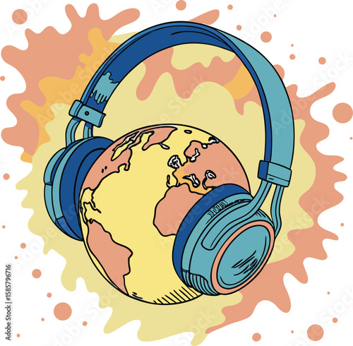 Planet earth wearing headphones listening to music with colorful splashes