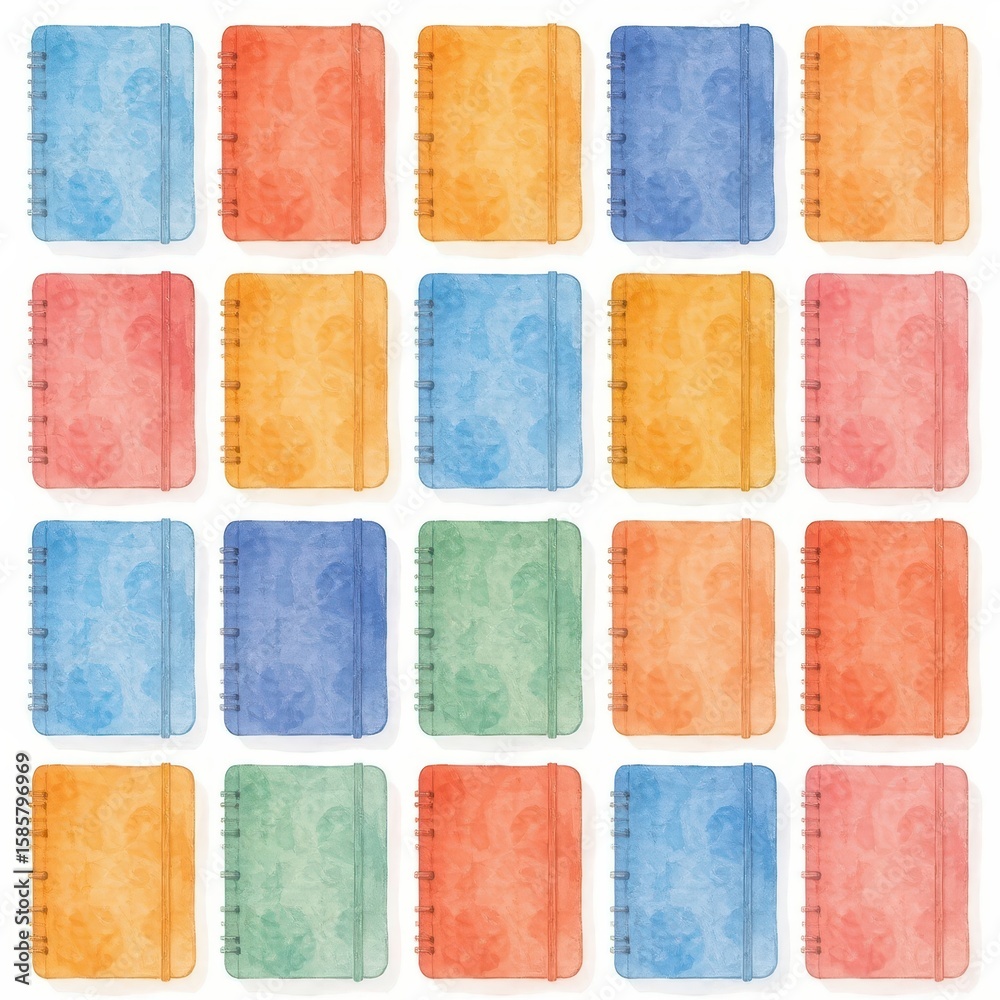 Fototapeta premium a collection of notebooks, arranged in a 3x3 grid on a white background, watercolor style