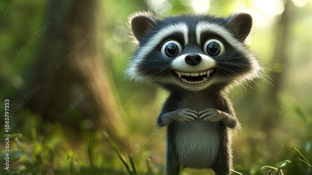 Obraz premium Cartoon raccoon in forest scene