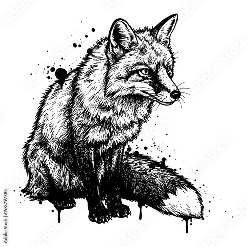 Detailed Fox Drip and Splat Abstract Surreal Paint Messy Style Solid Black White Outline Line Art Drawing