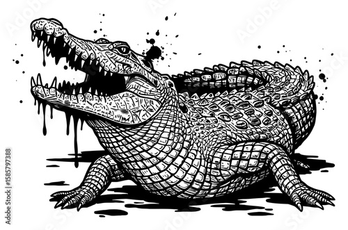 Aggressive Crocodile Drip Splatter Abstract Surreal Paint Messy Deep Solid Black and White Outline Line Art Drawing