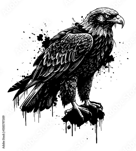Eagle Drip and Splat Abstract Surreal Paint Messy Style Deep Solid Black and White Outline Line Art Drawing