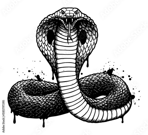 Cobra Drip and Splat Abstract Surreal Paint Messy Style Deep Solid Black Drip Everywhere Black and White Outline Line Art Drawing