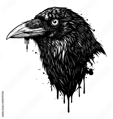 Crow Head Drip Splat Abstract Surreal Paint Messy Style Deep Solid Black Drip Splat Everywhere Black and White Outline Line Art Drawing