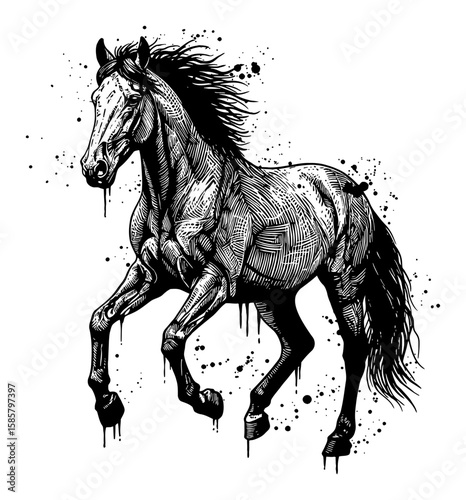 Horse Drip Splat Abstract Surreal Paint Messy Style Deep Solid Black Black and White Outline Line Art Drawing