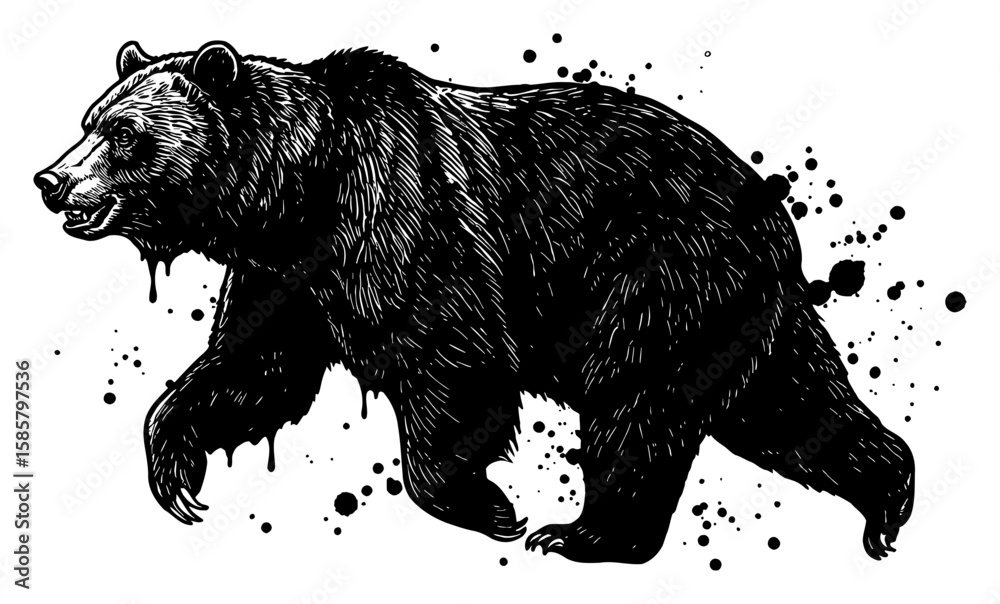 Bear Running Drip Splat Surreal Paint Messy Style Solid Black Black and White Outline Line Art Drawing