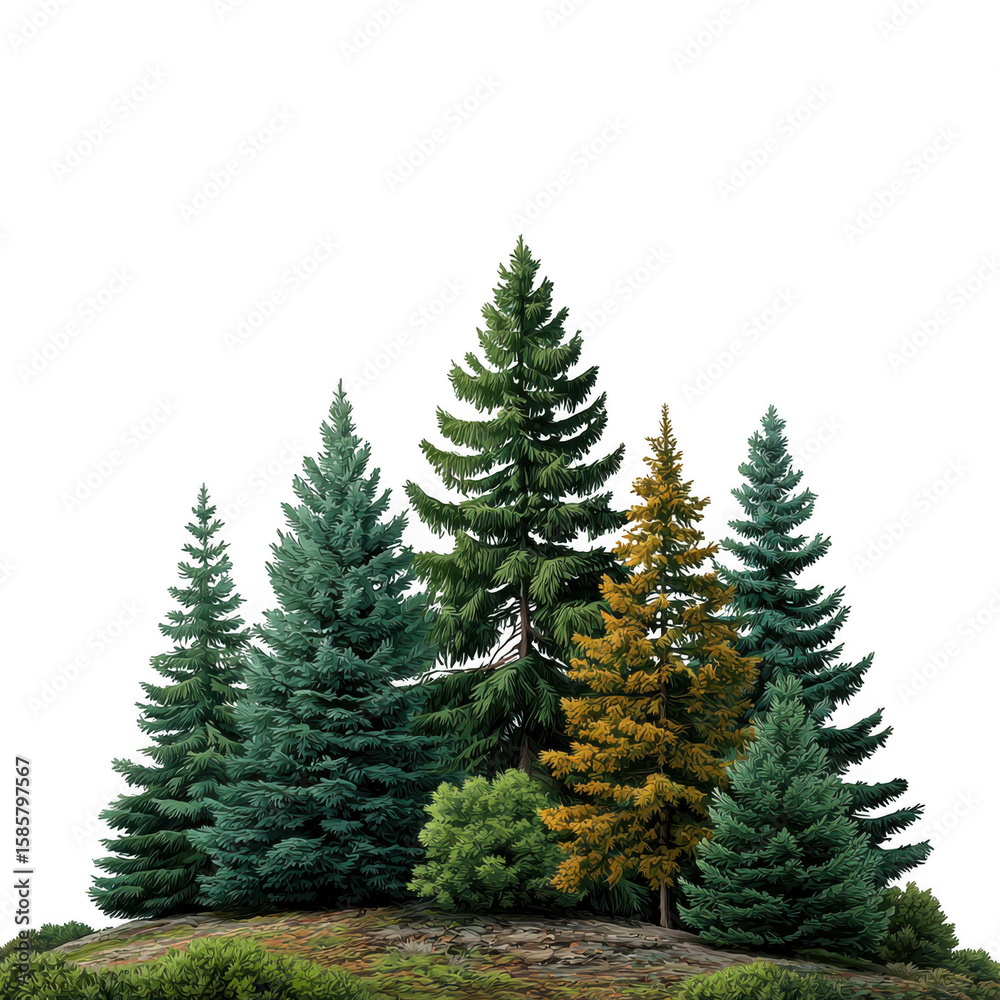 Obraz premium A cluster of evergreen trees with one golden pine isolated on transparent background