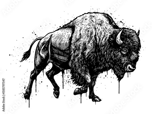 Bison Running with Dynamic Paint Drip and Splat Abstract Surreal Messy Black and White Outline Line Art Drawing