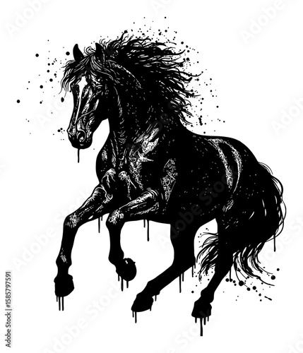Black Horse Drip and Splat Abstract Surreal Messy Paint Style Deep Solid Black Black and White Outline Line Art Drawing