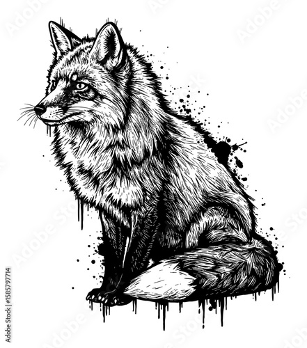 Abstract Surreal Fox Black and White Outline Line Art Drawing with Messy Paint Drips and Splatters Everywhere