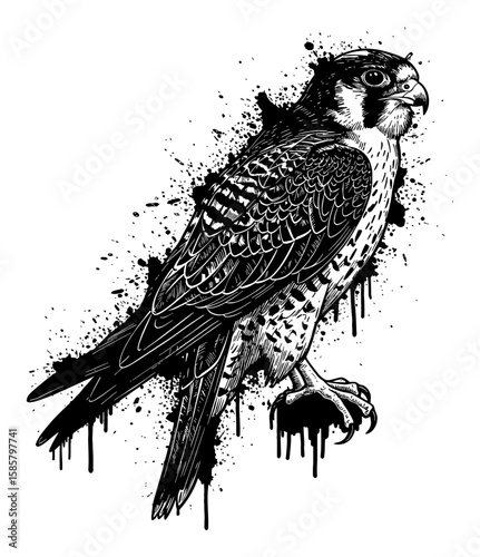 Falcon Drip Splat Abstract Surreal Messy Paint Style Deep Solid Black and White Outline Line Art Drawing