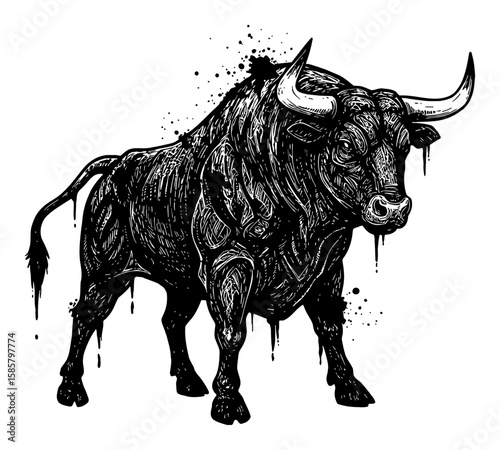 Bull Abstract Surreal Drip Splat Messy Black Paint Style Everywhere Black and White Outline Line Art Drawing