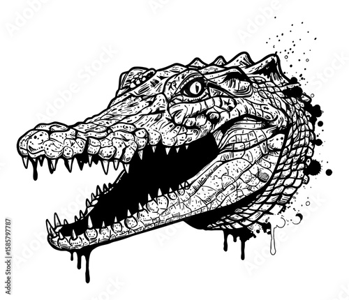 Crocodile Head Drip Splat Abstract Surreal Paint Messy Deep Solid Black Black and White Outline Line Art Drawing