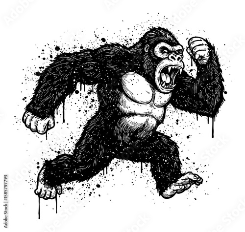 King Kong Running Abstract Surreal Paint Style Black Drip Splat Black and White Outline Line Art Drawing