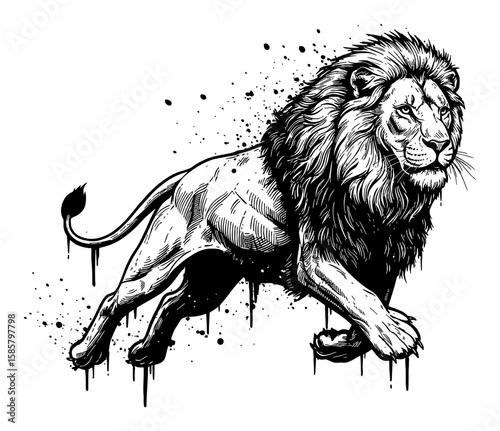 Lion Running Drip and Splat Abstract Surreal Paint Messy Style Deep Solid Black Black and White Outline Line Art Drawing