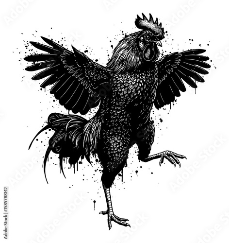 Abstract Surreal Rooster Fighting Pose Deep Solid Black Paint Messy Style Drip Splatter Black and White Outline Line Art Drawing