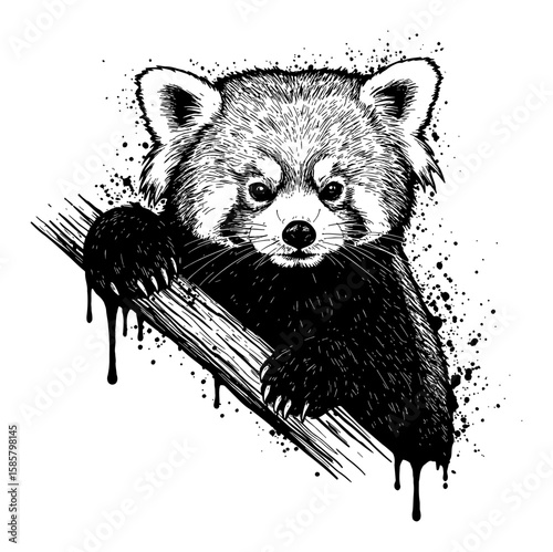 Red Panda Abstract Surreal Paint Messy Drip Splat Everywhere Black Solid Black and White Outline Line Art Drawing