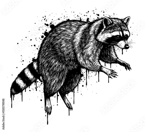 Raccoon Jumping Drip Splat Abstract Surreal Paint Messy Style Black and White Outline Line Art Drawing