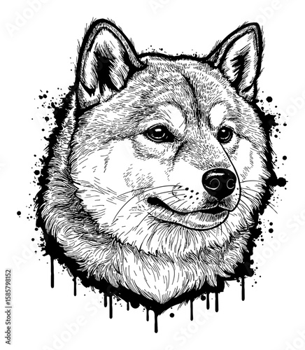 Shiba Inu Head Abstract Surreal Messy Paint Style Deep Solid Black Drip Splat Black and White Outline Line Art Drawing