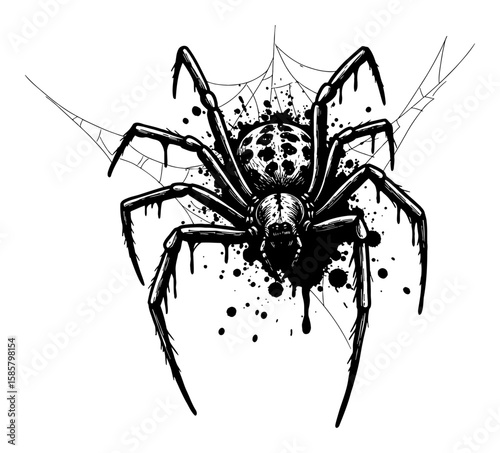 Abstract Surreal Spider with Slimy Drippy Web Drip and Splat Paint Messy Style Deep Solid Black and White Outline Line Art Drawing