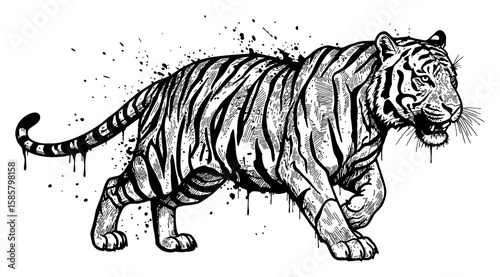 Tiger Running Drip and Splat Abstract Surreal Paint Messy Style Deep Solid Black and White Outline Line Art Drawing