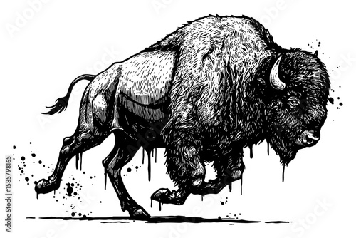 Bison Running Drip Splat Abstract Surreal Paint Messy Solid Black Black and White Outline Line Art Drawing