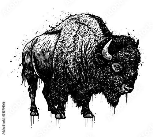 Bison Black and White Outline Line Art Drawing with Paint Drip Splatter Messy Abstract Surreal Style