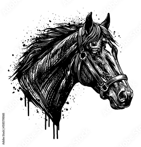 Black Horse Head Drip Splat Abstract Surreal Messy Style Deep Solid Paint Black and White Outline Line Art Drawing
