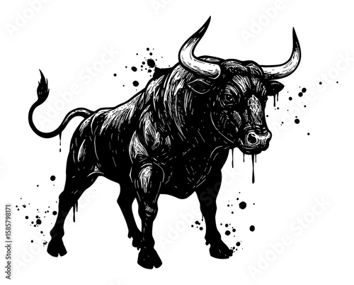 Powerful Bull in Surreal Abstract Messy Paint Style with Deep Solid Black Drip and Splat Black and White Outline Line Art Drawing