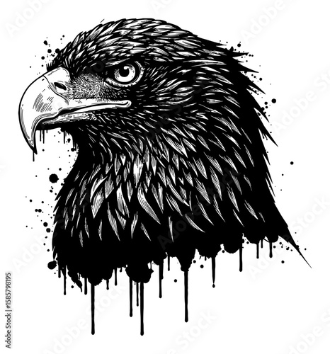 Eagle Head Drip and Splat Abstract Surreal Paint Messy Black and White Outline Line Art Drawing