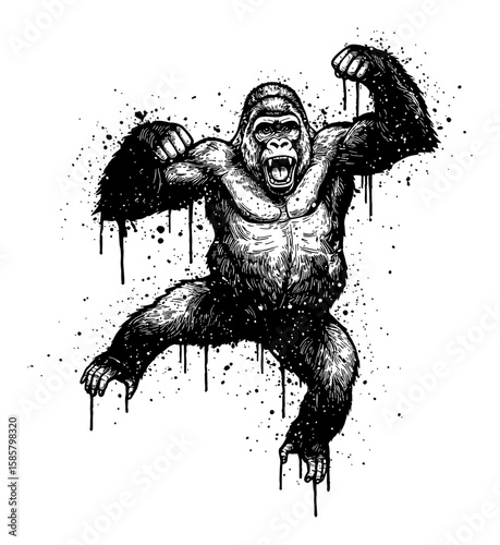 Powerful Gorilla Jumping Drip Splat Abstract Surreal Paint Messy Black and White Outline Line Art Drawing