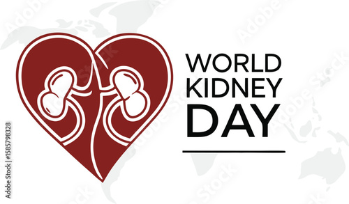 World kidney day awareness with heart shaped kidneys and global map background