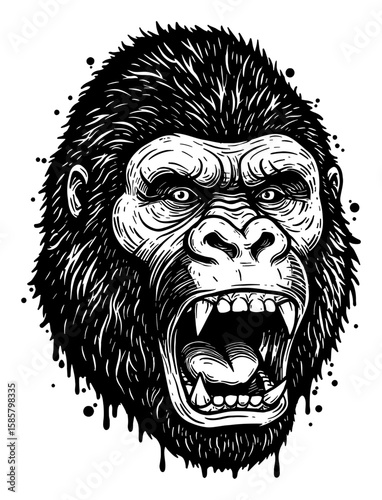 King Kong Head Drip Splat Abstract Surreal Messy Paint Style Black and White Outline Line Art Drawing