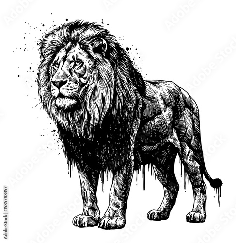 Lion Full Body Drip Splat Abstract Surreal Paint Messy Style Deep Solid Black Black and White Outline Line Art Drawing