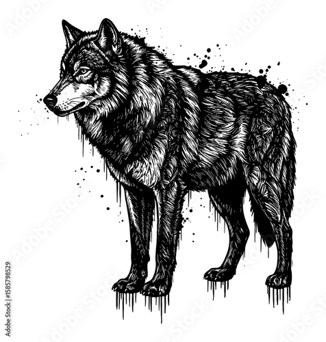 Wolf Full Shot Drip Splat Abstract Surreal Paint Messy Style Deep Solid Black Black and White Outline Line Art Drawing