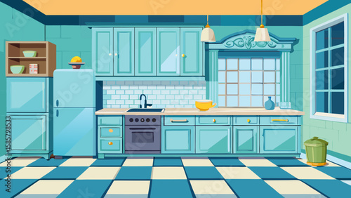 Vector art of a charming cartoon kitchen with blue cabinets, a checkered floor, and a large window