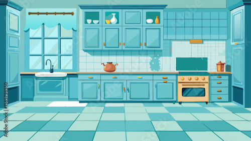 Vector art of a bright and airy kitchen featuring light blue cabinetry and a distinctive checkered floor