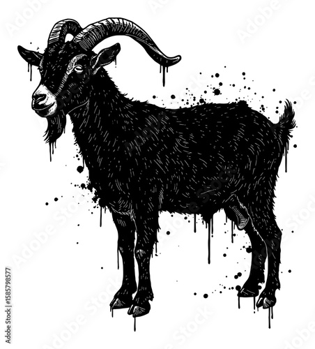 Black Goat Drip Splat Abstract Surreal Paint Messy Style Deep Solid Black and White Outline Line Art Drawing