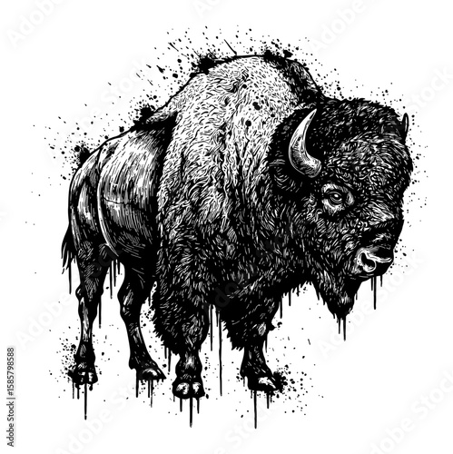 Bison Drip Splat Abstract Surreal Paint Messy Style Black and White Outline Line Art Drawing Deep Solid Black Everywhere
