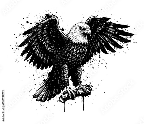Eagle Drip Splat Abstract Surreal Paint Messy Style Deep Solid Black Paint Drip Everywhere Black and White Outline Line Art Drawing