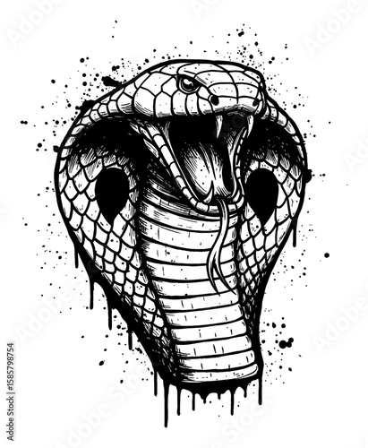 Cobra Head Abstract Surreal Messy Style Black Drip Splat Everywhere Black and White Outline Line Art Drawing