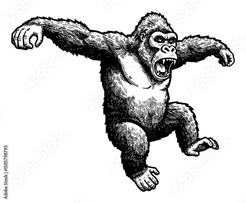 Dynamic King Kong Gorilla Jumping with Wide Open Mouth Black and White Outline Line Art Drawing Style