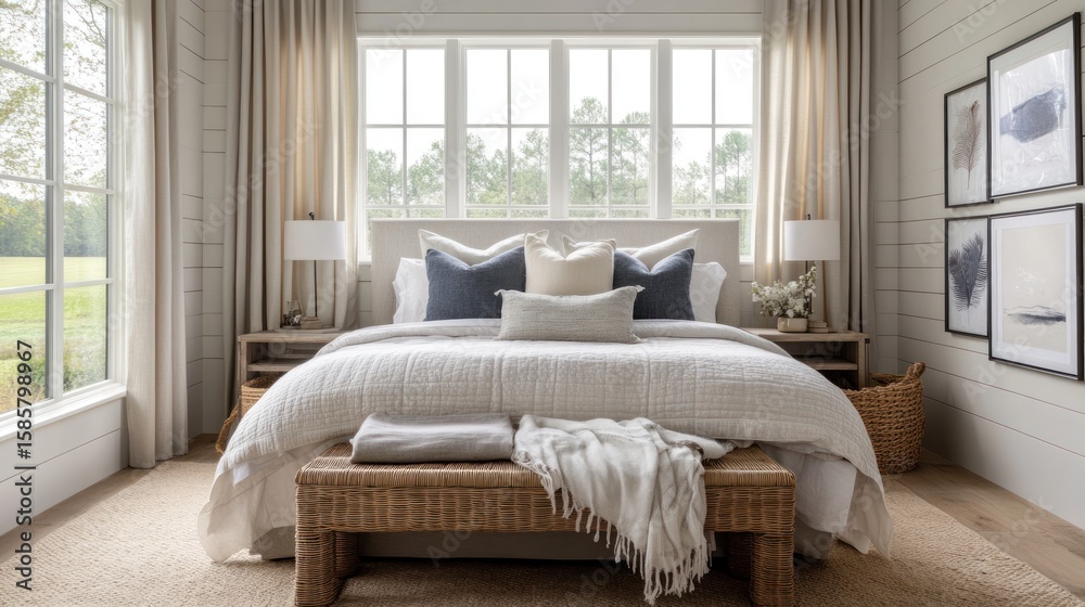 Fototapeta premium Cozy bedroom with large windows